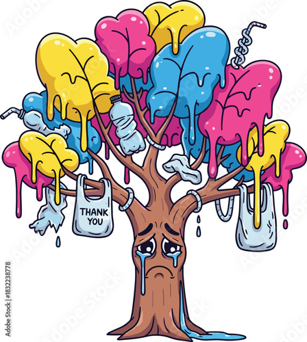 Sad crying tree covered in melting plastic bags, bottles and trash showing environmental pollution, ecosystem damage, climate crisis, and nature destruction impact