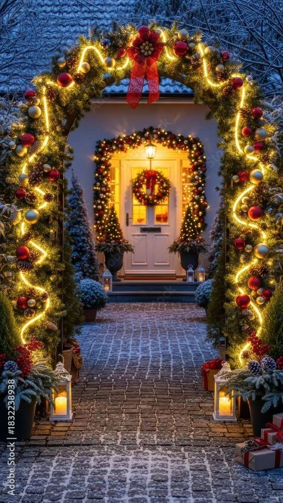 Obraz premium Festive christmas archway illuminated with lights leading to decorated house entrance