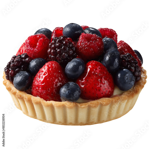 Fresh Berry Tart With Creamy Filling Garnished With Mint Leaves on a White Ba...