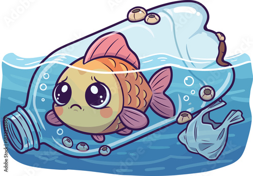 Sad cartoon fish trapped inside floating plastic bottle in polluted ocean water highlighting environmental pollution, marine waste, and wildlife protection awareness