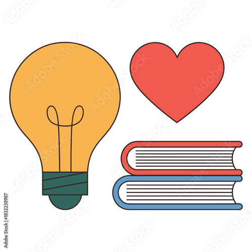 A lightbulb, a heart, and two books are depicted together on a white background.