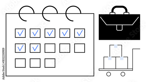 Calendar with checkmarks, black briefcase, and boxes on handcart illustrating planning, organization, and task management. Ideal for productivity, logistics, business, scheduling workflow goals