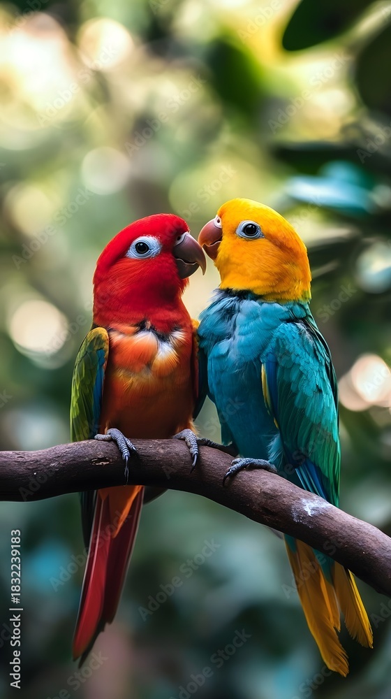 Obraz premium Two vibrant parrots, red and yellow, perched closely on a branch bird wildlife photo
