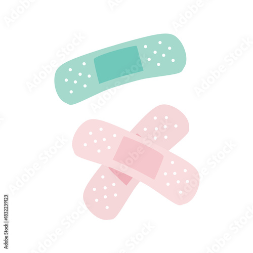 Cute adhesive plasters, bandages isolated on white background. Two crossed adhesive medical plasters strips icon. Vector illustration