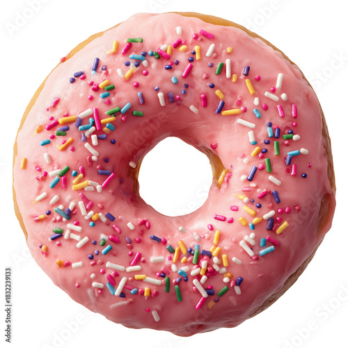 Bright Pink Frosted Donut With Colorful Sprinkles on a Plain Background