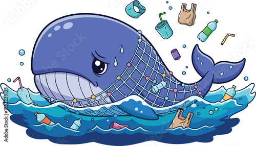 Sad whale trapped in pollution net, ocean plastic waste cartoon, environmental awareness illustration highlighting marine danger and save sea life message