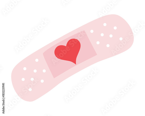 Cute adhesive plaster with red heart symbol isolated on white background. Adhesive medical plaster strip icon. Vector illustration