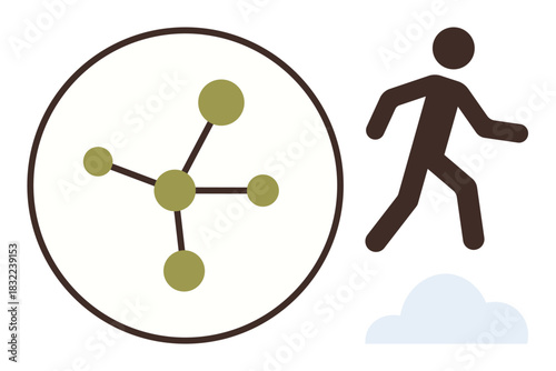 Molecular network inside circle alongside a human figure walking with a cloud below. Ideal for innovation, science, research, progress, teamwork, exploration, technology. Simple flat metaphor