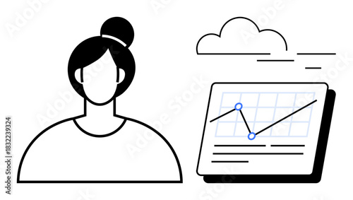 Woman portrait next to a data graph and cloud imagery showing growth trend. Ideal for business analytics, performance tracking, cloud computing, statistics, teamwork, planning, simple flat metaphor