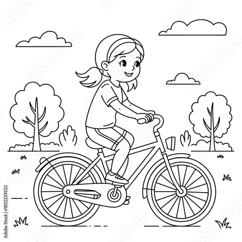 A young girl happily rides her bicycle through a park on a cloudy day.