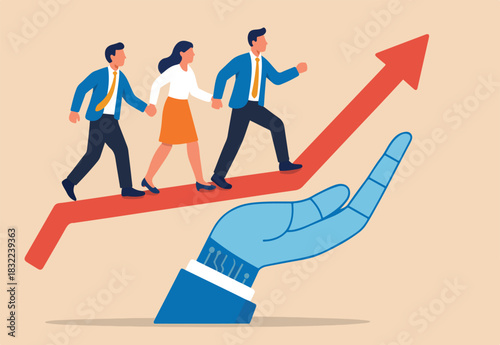 AI Artificial Intelligence help support business success, technology or innovation for new opportunity, invention for business growth concept, business people walking up on robot hand pointing up