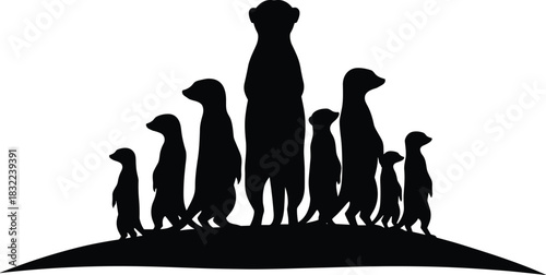Group of standing meerkats silhouette on hill, wildlife animal illustration, social animal behavior graphic, nature themed vector design