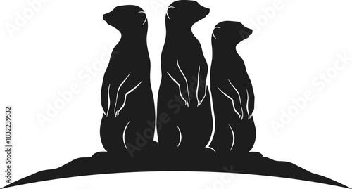 Three meerkats standing alert together silhouette, wildlife animal illustration, desert mammal design, group vigilance pose, nature themed vector artwork