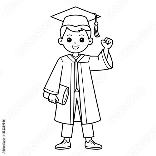 A happy cartoon child in graduation attire celebrates their academic achievement with a diploma.