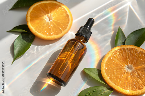 Serum product in orange toned bottle standing on glass surface, oranges cut in half decoration. holographic refraction light effect. long morning shadows