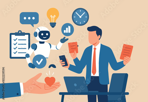 AI artificial intelligence to help productivity, innovation technology for work efficiency, automation or robotic assistance, smart assistance concept, AI robot expert help multitask or productivity.