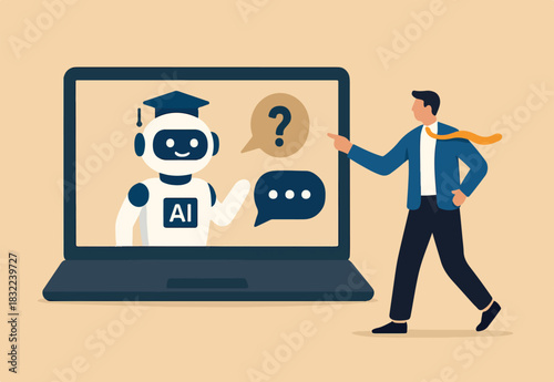 AI Chatbot assistance, Artificial Intelligence robot help solving problem support, chat conversation message, advice or discussion concept, AI Robot or chatbot on computer help answer question.