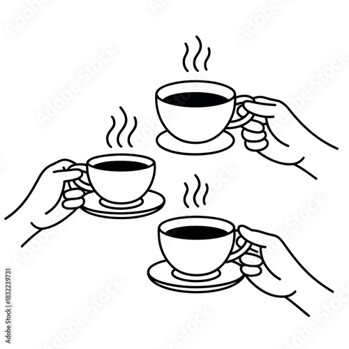 Three hands hold steaming cups of coffee in a simple line drawing illustration.