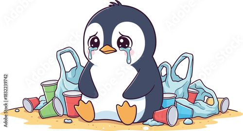 Cute crying penguin surrounded by plastic waste and pollution on beach, environmental awareness illustration highlighting ocean pollution and wildlife protection message