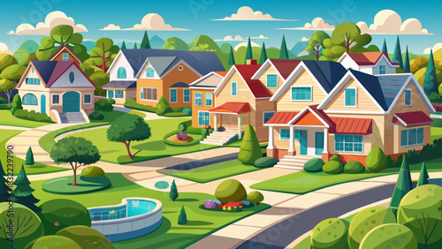 Very beautiful suburban neighborhood with elegant homes, manicured lawns, winding streets, and a peaceful residential atmosphere showcasing upscale community living surrounded by greenery.