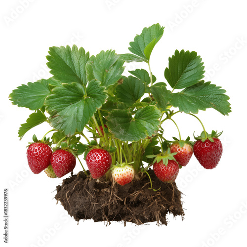 Freshly Harvested Strawberry Plant With Ripe Berries and Green Leaves