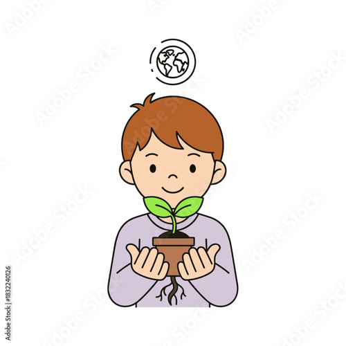 Cheerful child holding a small potted plant with two leaves and a globe symbolizing environmental awareness