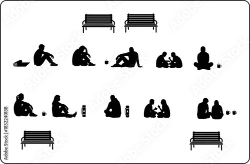 Collection of diverse human figures and park benches in a black silhouette style