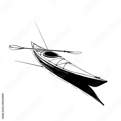 Illustration of a black and white kayak with a paddle resting on top in a minimalist style drawing