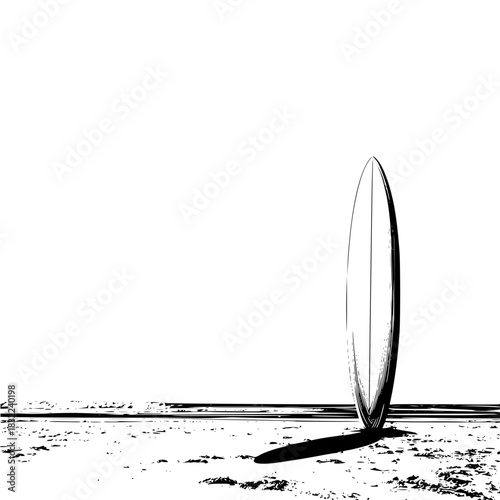 A surfboard standing upright on the beach casting a shadow in a black and white minimalist illustration