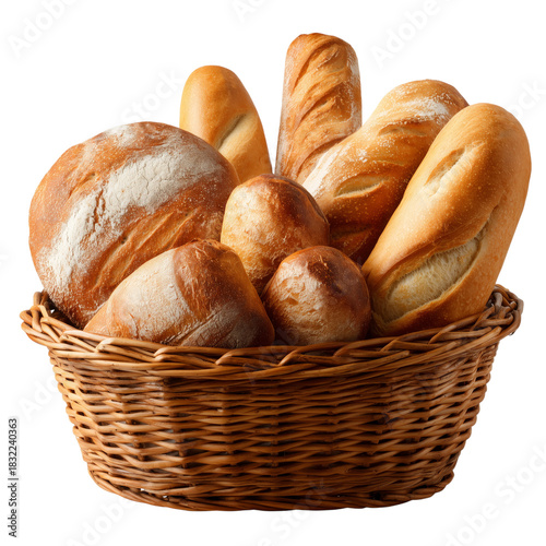 Freshly Baked Bread Assortment in a Wicker Basket at a Cozy Kitchen Setting