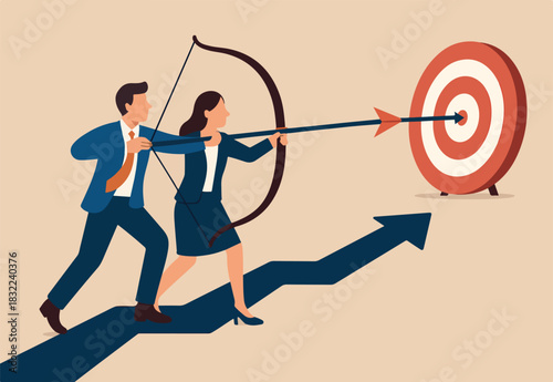 Aiming at target, reaching goal or achievement, team collaboration or partnership, teamwork or corporate mission concept, business man and woman, people help carry archery bow to hit target bullseye
