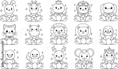 Cute cartoon animals meditating on lotus flower with sparkles, flat vector illustration for kids, mindfulness, yoga, character design