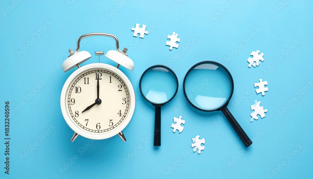 Fototapeta premium Time Management, Problem Solving, and Investigation Concept Alarm Clock, Puzzles, and Magnifying Glass