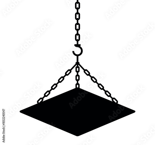 A black square suspended by chains hanging from a hook on a white background image