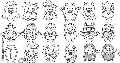 Cute cartoon ducks in Halloween costumes including witch, vampire, mummy, pumpkin, flat vector illustration for kids, spooky character design
