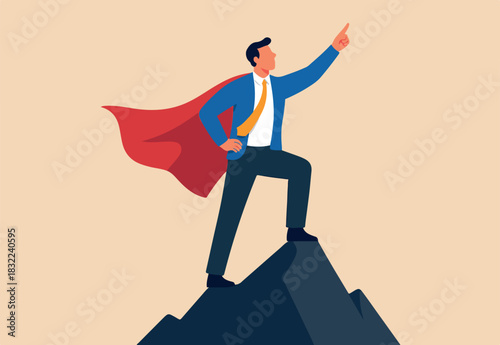 Ambition to success, motivation or aspiration to achieve goal, victory or career growth, challenge or aiming for success concept, successful businessman superhero pointing finger up on mountain peak