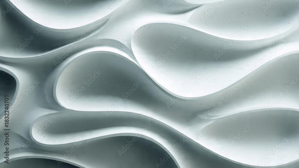 Obraz premium A contemporary abstract textured background featuring dynamic, organic wave-like forms in a light gray concrete-like material, showcasing flowing curves and subtle shadows.
