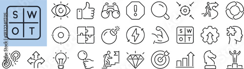 SWOT analysis and business strategy icons set in clean flat vector illustration, planning symbols, risk evaluation, strengths weaknesses opportunities threats elements