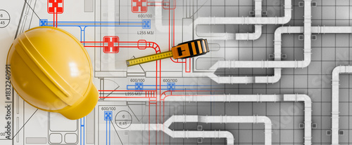 Engineering pipeline design includes analyzing technical schematics with measuring tools, planning routing of utility lines and verifying layout accuracy for installation work.