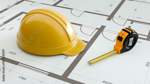 Bilde på lerret Building layout assessment uses floor plans with a hardhat and tape measure, preparing dimensional checks and verifying architectural specifications before construction work begins