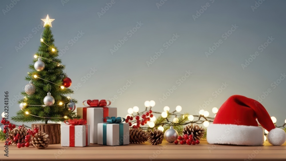 Fototapeta premium Festive christmas tree with gifts and santa hat on wooden surface