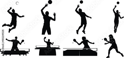 Table tennis player silhouette set serving playing and action poses