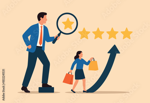 Appraisal, evaluate or assessment for quality or value, property or real estate rating evaluation, analyze employee performance concept, businessman with magnifying glass with stars quality score