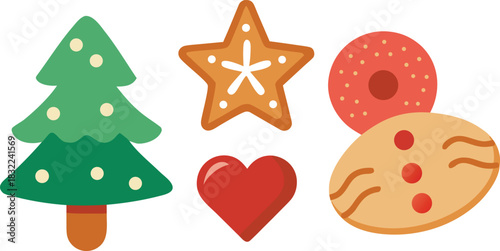 Gingerbread holiday sweet snack with icing, candy star, tree, heart vector illustration. new.eps