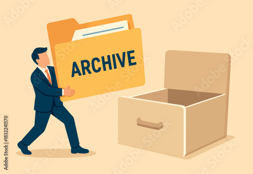 Archive document file storage folder, backup important file directory or information, paperwork discovery or online compression or protection concept, businessman carry big file folder to be archived.