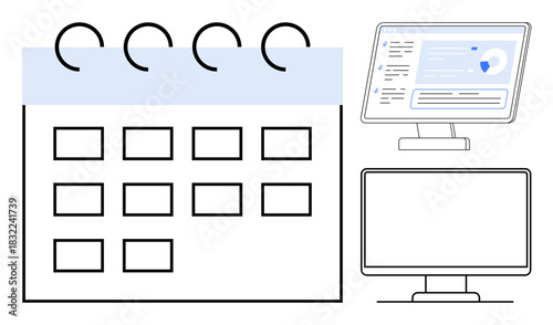 Calendar, desktop screen, and analytics monitor emphasize time management, productivity, teamwork, and goal setting. Ideal for organization, planning, scheduling business workflow learning