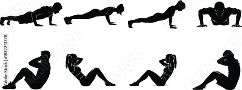 Silhouette sequence of push ups and sit ups exercise routine