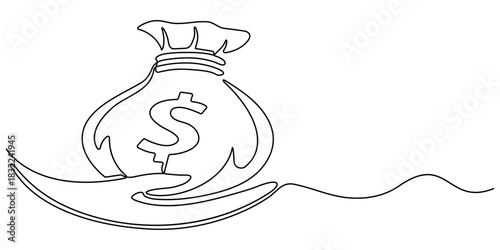 Dollar money bag in continuous one line drawing. Hand holding a sack with cash in simple linear style. Finance bank and investment concept in editable stroke. Doodle oneline vector illustration