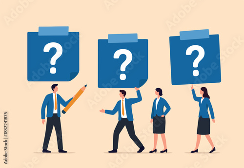 Ask question, listing problem to gather solution idea, faq or questionnaire, uncertainty, doubt or clarification, curiosity, solving problem concept, business people listing question mark sticky note.