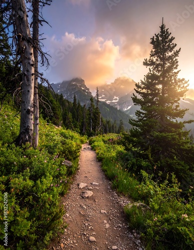 Mountain Trail at Sunset - A Scenic Landscape Adventure.